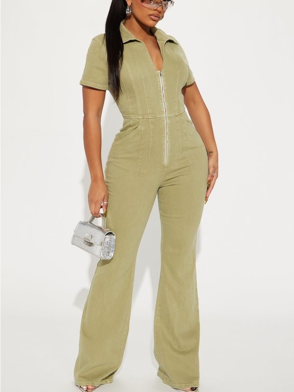 Fashion Nova Olive Zip-Front Short Sleeve Jumpsuit